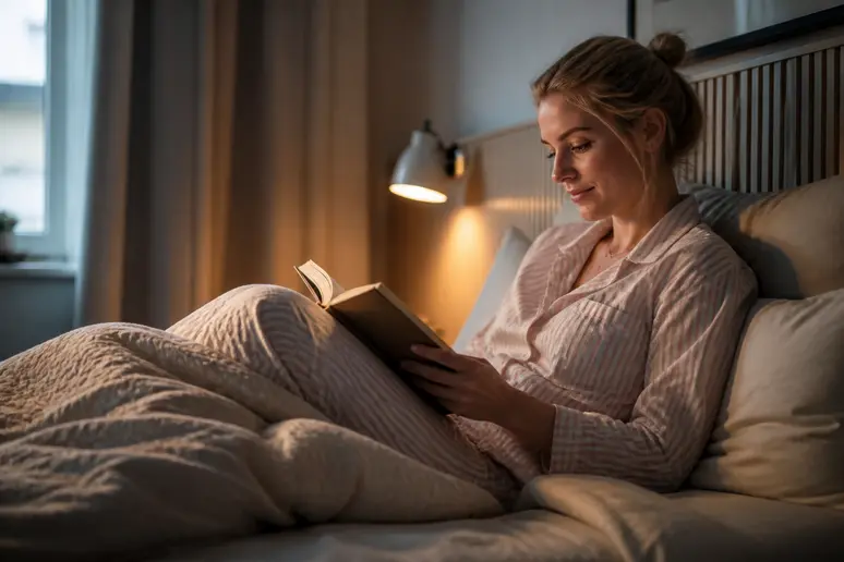 Junge Frau liest entspannt im Bett bei warmweißem Licht einer Nachttischlampe, gemütliche Schlafzimmeratmosphäre.
