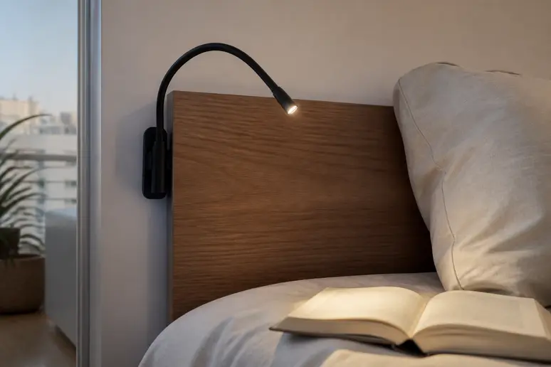Moderne LED-Klemmleuchte am Bettkopfende, flexibel verstellbar, beleuchtet ein aufgeschlagenes Buch, praktisch und platzsparend.