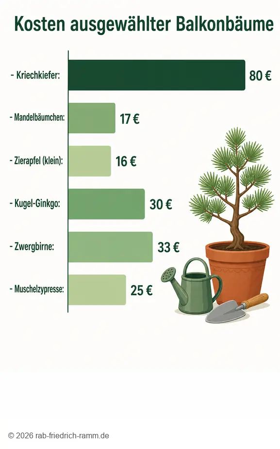 Vergleich der Kosten von Bäumen für Balkone: Kriechkiefer, Mandelbäumchen, Zierapfel, Kugel-Ginkgo, Zwergbirne, Muschelzypresse.