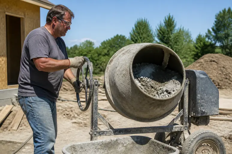 Ein Mann mischt mit einer Betonmischmaschine Beton für ein Bauprojekt, während er Schutzkleidung trägt.