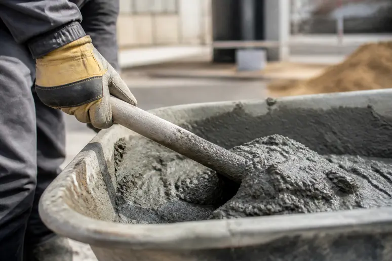 Nahaufnahme von Händen mit Arbeitshandschuhen, die Beton in einer Schubkarre mischen; Schutzkleidung ist essentiell.