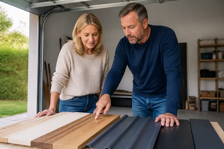 Ein deutsches Paar bespricht Materialmuster für den Bau ihres Carports in ihrer Garage und vergleicht Holz- und Metalloptionen.