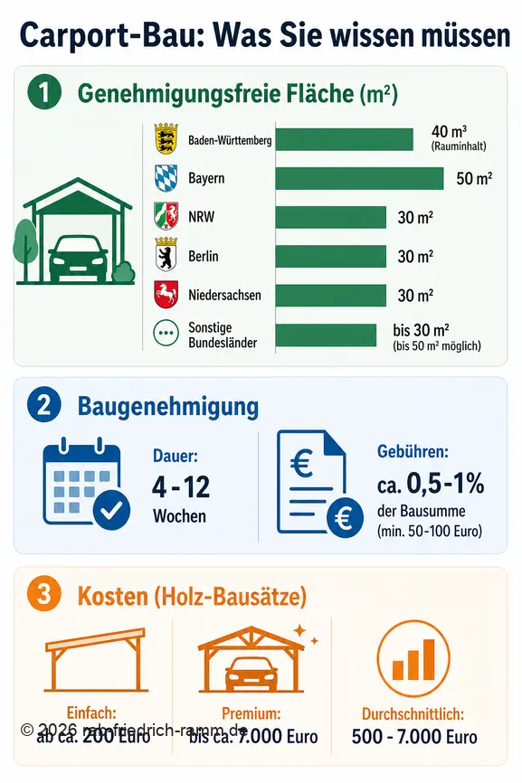 Infographie comparative des réglementations, durées et coûts de construction de carports en Allemagne, par Länder et types de kits.