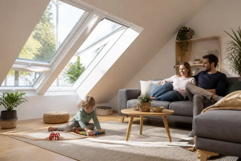 Familie genießt hellen Wohnraum unter Dachfenster, das natürliches Licht hereinlässt und Wohlfühlatmosphäre schafft.
