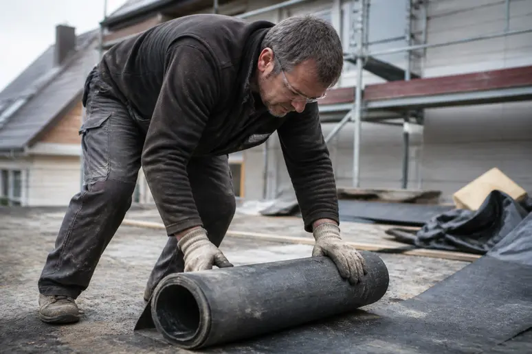 Ein Handwerker rollt alte Dachpappe auf einer Baustelle sorgfältig zusammen, bereit für die fachgerechte Entsorgung des Materials.