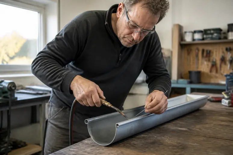 Ein Handwerker lötet sorgfältig eine Titanzink-Dachrinne in seiner Werkstatt, wobei er auf präzise Verbindungen achtet.