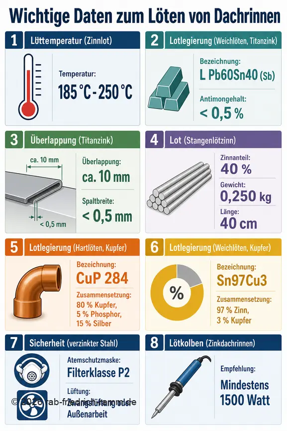 Infografik mit wichtigen technischen Daten und Spezifikationen für das Löten von Dachrinnen, einschließlich Temperaturen, Legierungen und Sicherheitsanforderungen.