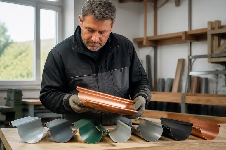 Ein Handwerker prüft verschiedene Dachrinnenmaterialien wie Kupfer und Titanzink in einer Werkstatt auf Langlebigkeit und Qualität.