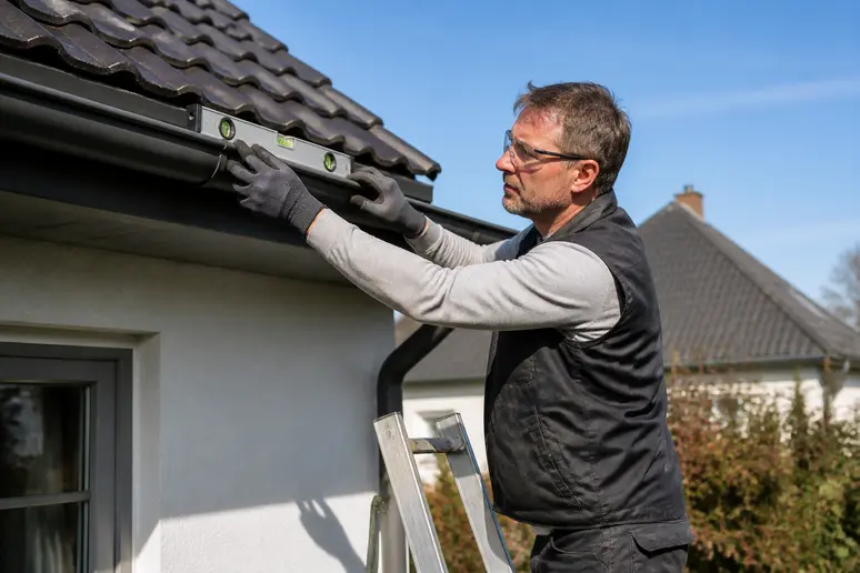 Ein erfahrener Heimwerker prüft sorgfältig das Gefälle einer Dachrinne mit einer Wasserwaage auf korrekte Montage und Funktionalität.