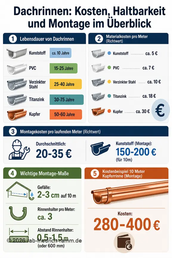 Infographie comparative sur la durée de vie, les coûts des matériaux et de montage, ainsi que les dimensions d'installation des gouttières.