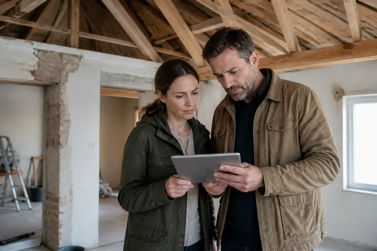 Ein Paar in Deutschland plant die Kosten für die Verlegung von Bitumenschindeln und prüft die Ausgaben für Material und Zubehör auf einem Tablet.
