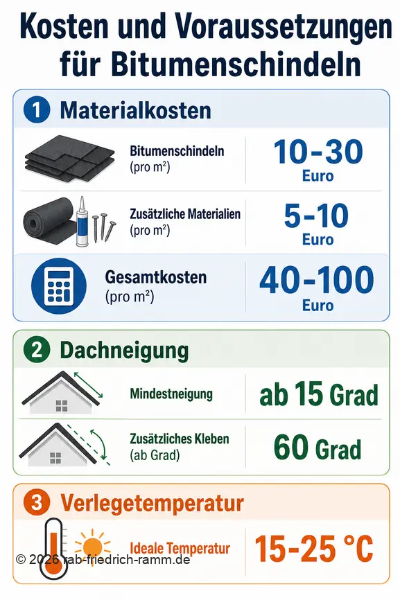 Infografik zeigt Kosten, Mindestneigung und ideale Temperaturen für die Verlegung von Bitumenschindeln.