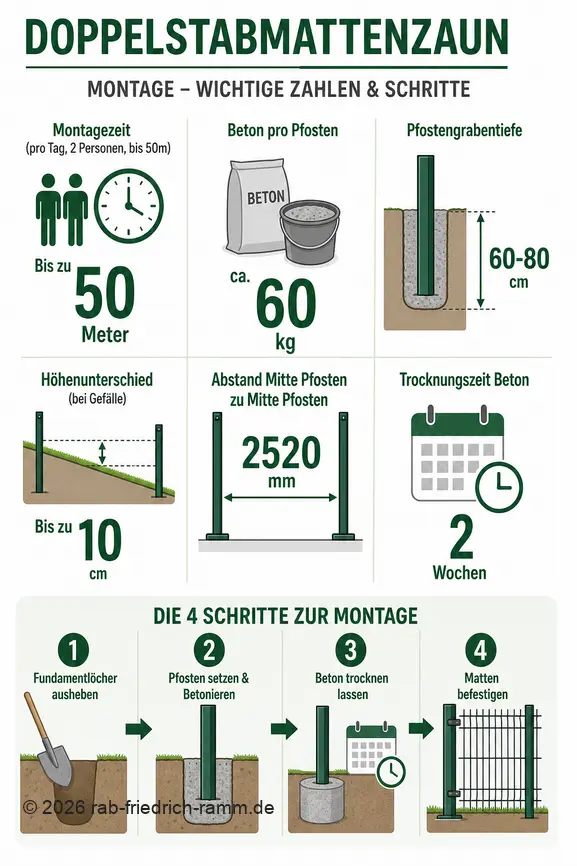 Infografik mit Fakten zur Montage von Doppelstabmattenzäunen: Montagezeit, Betonmenge, Pfostentiefe und Arbeitsschritte.
