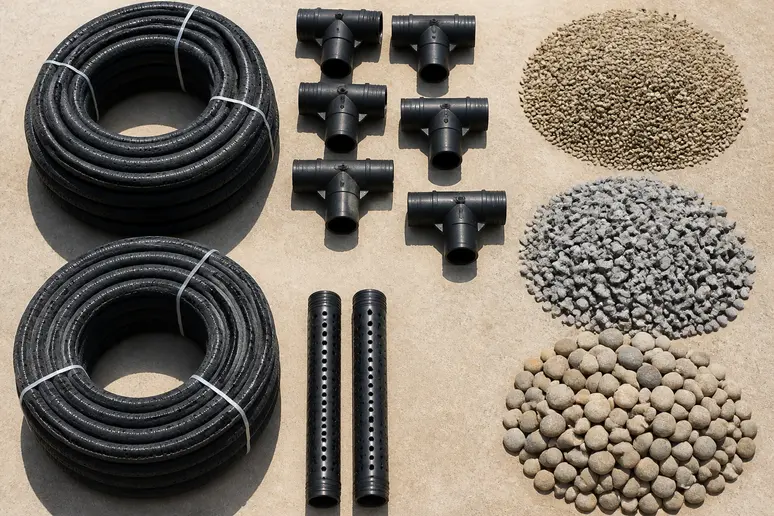 Verschiedene Baumaterialien wie Drainagerohre, T-Stücke und Kies werden für die Installation eines Entwässerungssystems bereitgelegt.