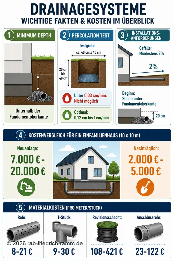 Infographie sur les coûts et les chiffres clés pour l'installation d'un système de drainage de bâtiment.
