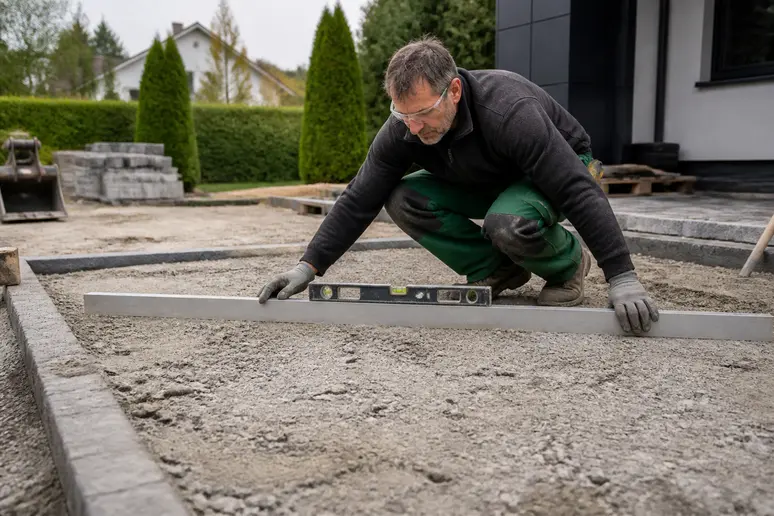 Ein Mann prüft mit einer Wasserwaage und Richtlatte die Ebenheit des Schotterunterbaus für eine neue Einfahrt, sorgfältige Vorbereitung ist entscheidend.