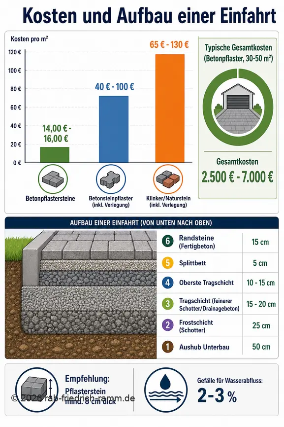 Infografik zeigt Kostenaufschlüsselung und Schichtenaufbau für das Pflastern einer Einfahrt.