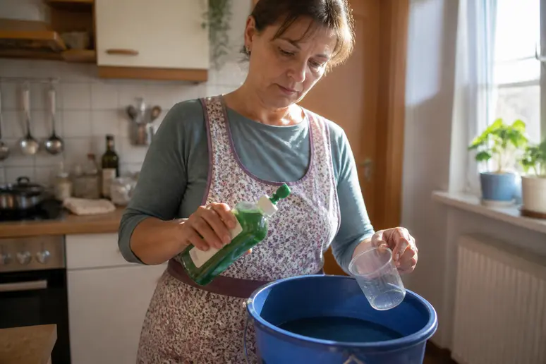 Eine Hausfrau bereitet in ihrer Küche eine Mischung aus lauwarmem Wasser und Spülmittel für die Fensterreinigung vor, mit Fokus auf den Prozess.