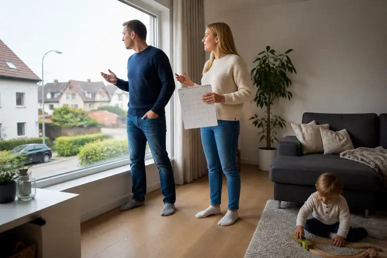 Eine Familie bespricht im Wohnzimmer die empfohlene Häufigkeit der Fensterreinigung, während das Kind spielt, ein alltäglicher Moment.