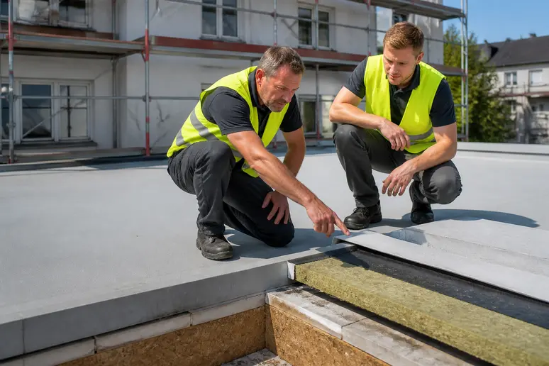 Bauarbeiter erklären die verschiedenen Schichten eines modernen Flachdachs während einer Inspektion auf einer Baustelle in Deutschland.