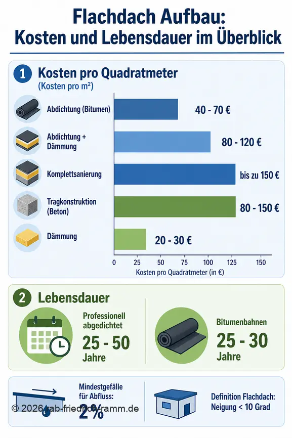 Infografik vergleicht Kosten für Flachdach-Abdichtung, Dämmung, Sanierung und Tragkonstruktion sowie die Lebensdauer.