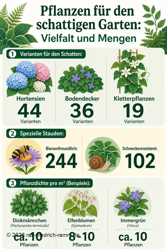 Übersicht über Pflanzenarten für schattige Gärten, ihre Vielfalt und empfohlene Pflanzdichte pro Quadratmeter.