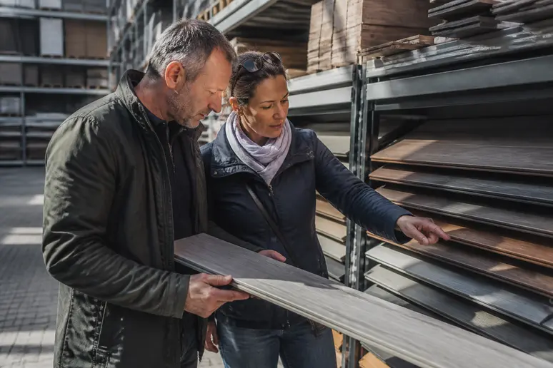 Ehepaar wählt WPC-Dielen für die gestaltung einer Dachterrasse in Deutschland, natürliches Licht und Auswahl