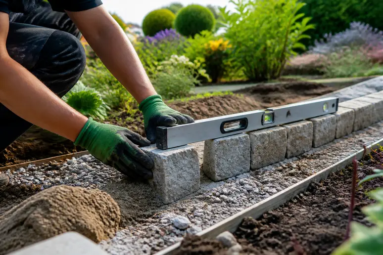 Hochbeeteinfassung aus Stein ohne Beton: Steine werden in ein Kiesbett gesetzt.