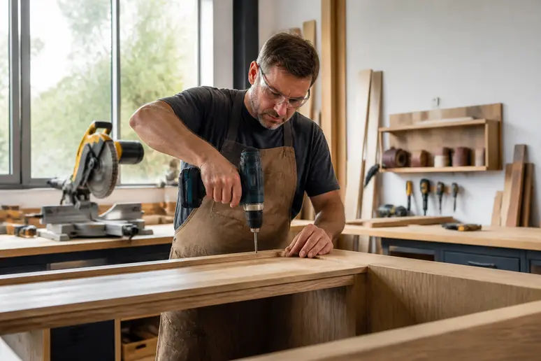 Ein Handwerker nutzt einen Akkubohrer, um Holzteile für eine Kücheninsel präzise zu verbinden. Werkzeug liegt übersichtlich bereit.
