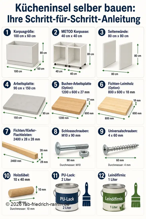 Visuel illustrant les étapes de construction d'une îlot de cuisine avec dimensions et matériaux clés.
