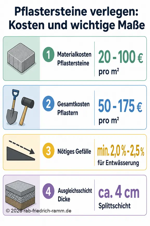 Infografik zeigt Kosten pro Quadratmeter und wichtige Maße für das Verlegen von Pflastersteinen.