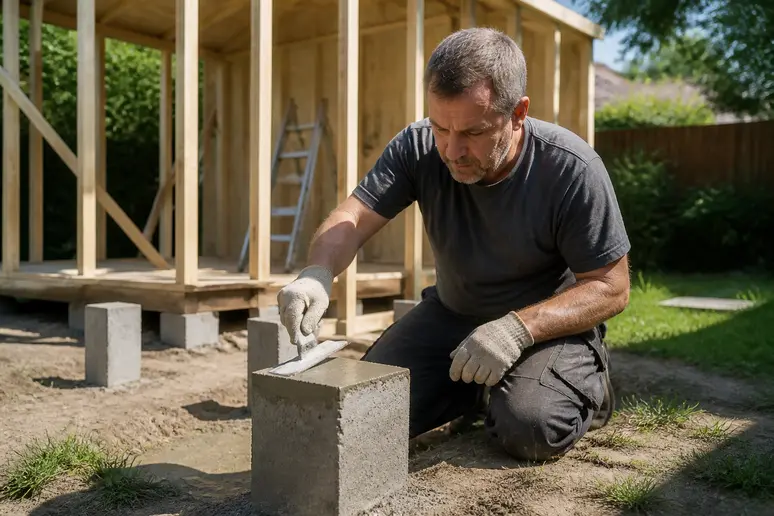 Ein Handwerker glättet sorgfältig die Oberfläche eines frisch gegossenen Betonfundaments mit einer Kelle bei der Gartenhauskonstruktion.