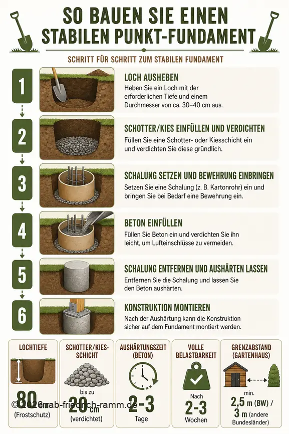 Infographie détaillant les étapes de construction d'un point de fondation stable, avec dimensions et temps de séchage.