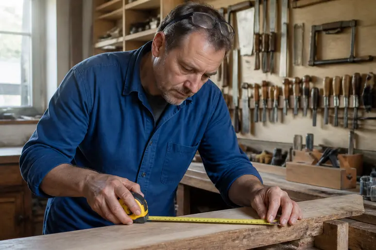 Deutscher Heimwerker plant Schiebetüren: sorgfältige Messung eines Holzstücks für den Schiebetüren-Bauen-Selbst.