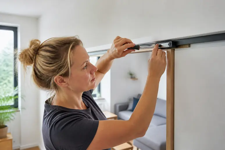 Frau verbessert Schiebetüren: Nachrüstung eines Soft-Close-Systems für leises Schließen beim Schiebetüren-Bauen-Selbst.