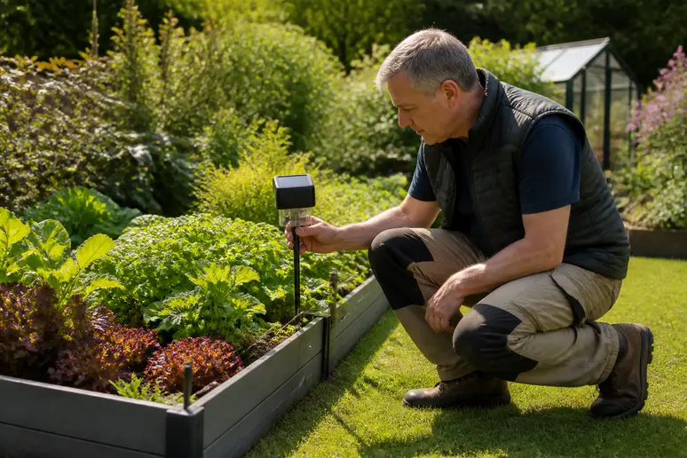 Ein Mann prüft die Batterie eines elektrischen Schneckenzauns um ein Hochbeet an einem sonnigen Nachmittag in seinem Garten.