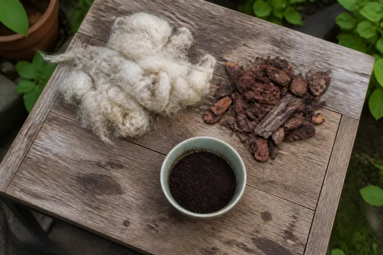 Natürliche Materialien wie Schafswolle und Kaffeesatz werden als Schneckenschutz auf einem Gartentisch präsentiert.