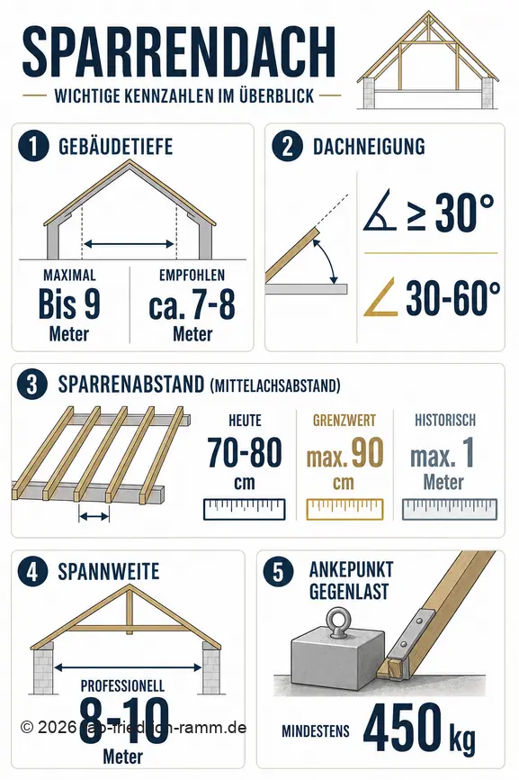 Infografik zu Sparrendach: zeigt empfohlene Maße, Neigungen und Abstände für Bau und Renovierung.