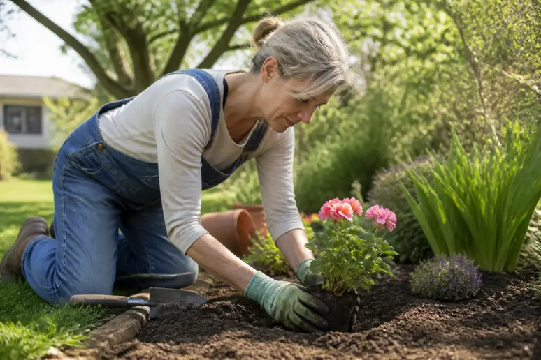 Frau pflanzt Storchschnabel im Garten, um dichte Bodendecker zu schaffen.