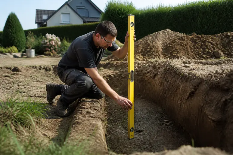 Ein Bauherr prüft sorgfältig die Tiefe der Fundamentgrube mit einer Wasserwaage, um die frostsichere Gründung sicherzustellen.