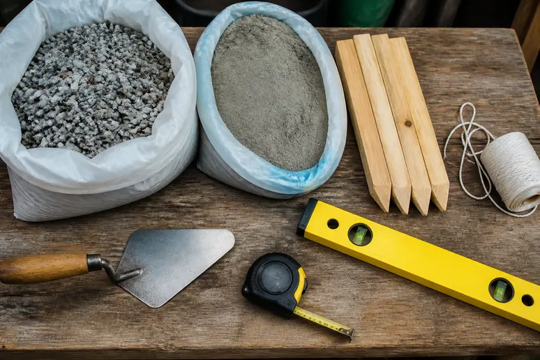 Werkzeuge und Materialien wie Kelle, Maßband und Betonsack liegen bereit für den Bau eines Streifenfundaments in einem deutschen Garten.