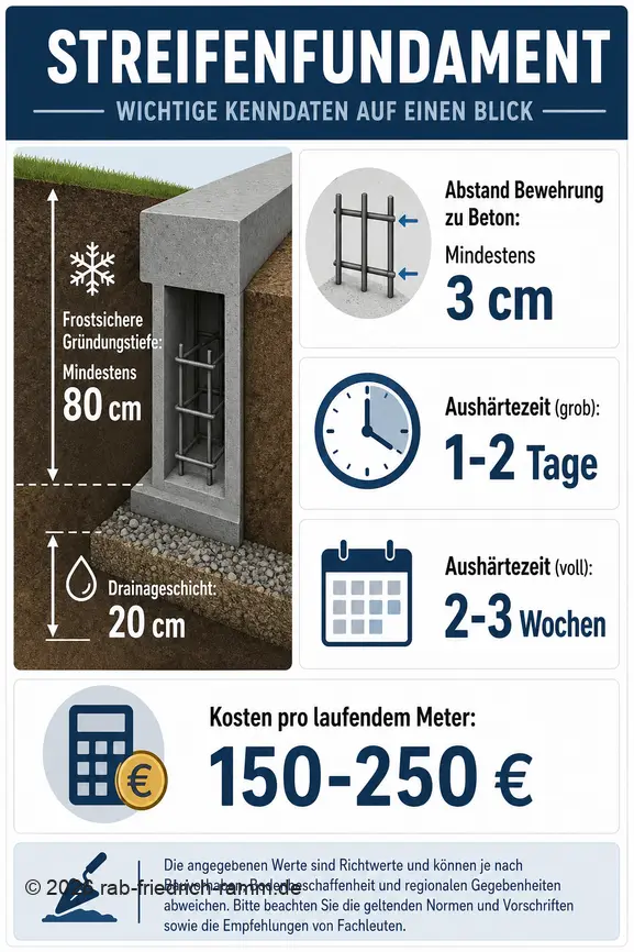 Visuel informatif sur les dimensions, le temps de séchage et les coûts pour construire une fondation en bande.