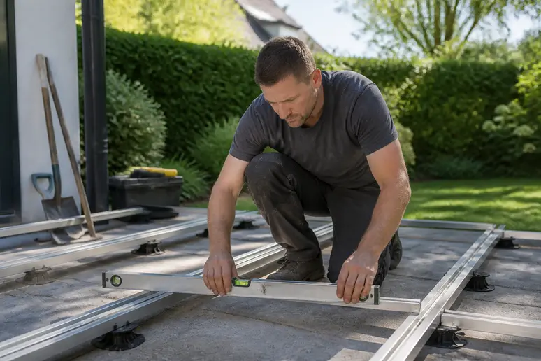 Ein Schreiner in Deutschland montiert sorgfältig eine Unterkonstruktion für Terrassendielen aus Aluminium bei Tageslicht.