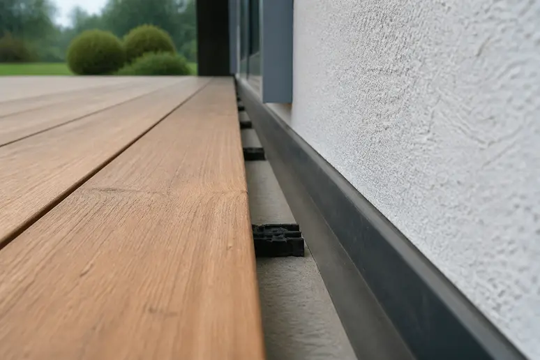 Nahaufnahme des geforderten 20-mm-Abstands zwischen Terrassendielen aus Holz und einer Hauswand in Deutschland.