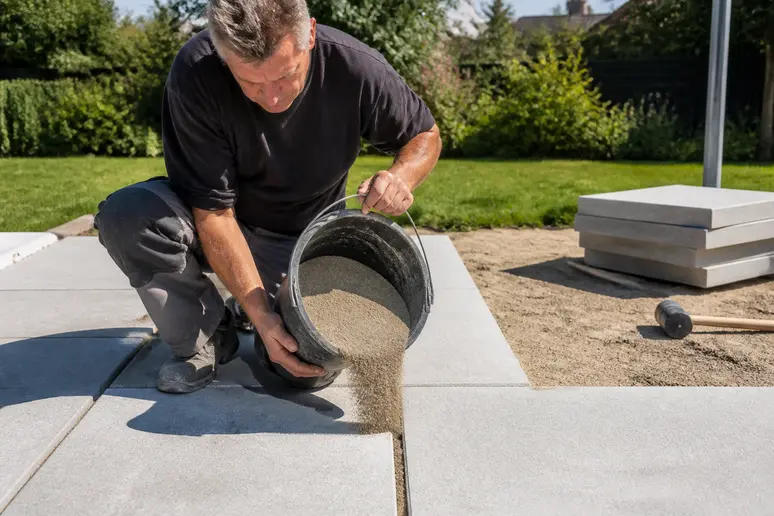 Mann füllt Terrassenplattenfugen mit feinem Sand auf einer sonnigen Terrasse, um Stabilität zu gewährleisten.