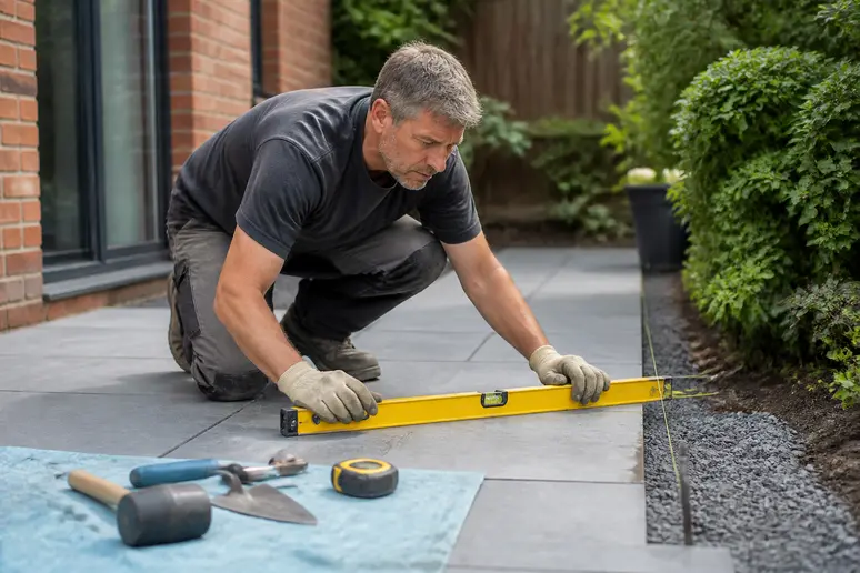 Ein Mann prüft mit Wasserwaage und Richtschnur das exakte Gefälle und die Ausrichtung frisch verlegter Terrassenplatten im Garten.