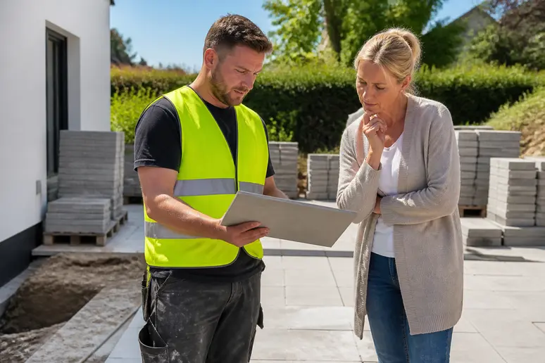 Ein Handwerker erklärt einem Hausbesitzer die Kosten für das Verlegen von Terrassenplatten auf einer Baustelle im Freien.