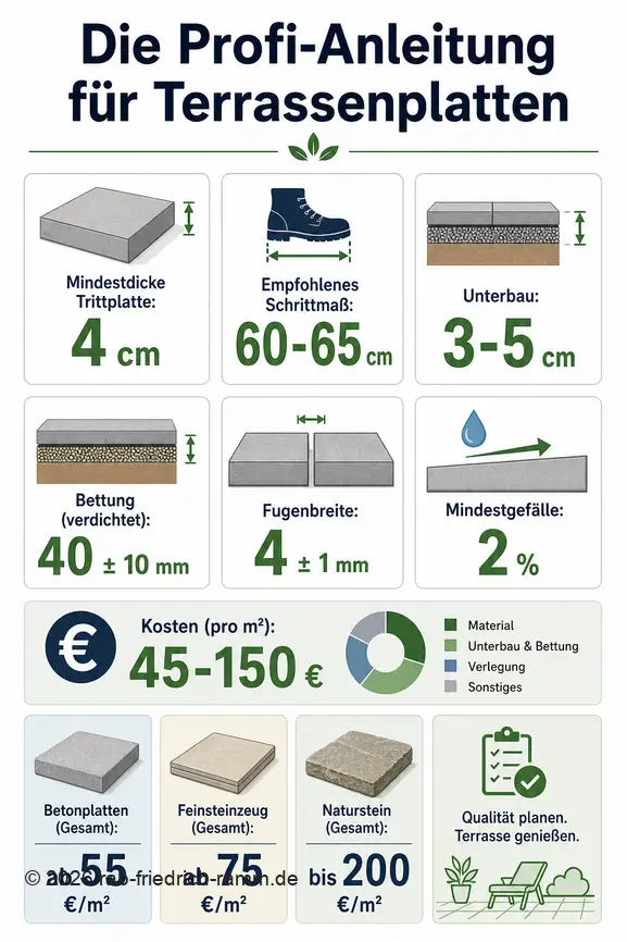 Infographie des clés pour la pose de dalles de terrasse, incluant dimensions, matériaux et coûts.