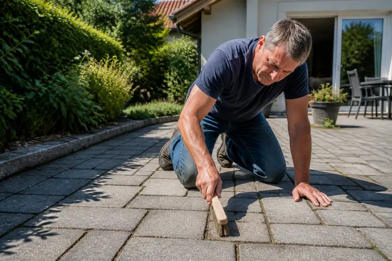 Ein Mann mittleren Alters reinigt sorgfältig Terrassenplatten in seinem Garten, um sie für die Versiegelung vorzubereiten.