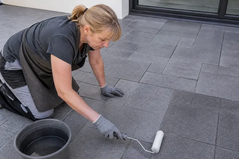 Eine Frau trägt sorgfältig ein Versiegelungsmittel mit einer Rolle auf Terrassenplatten auf, um eine gleichmäßige Schutzschicht zu gewährleisten.